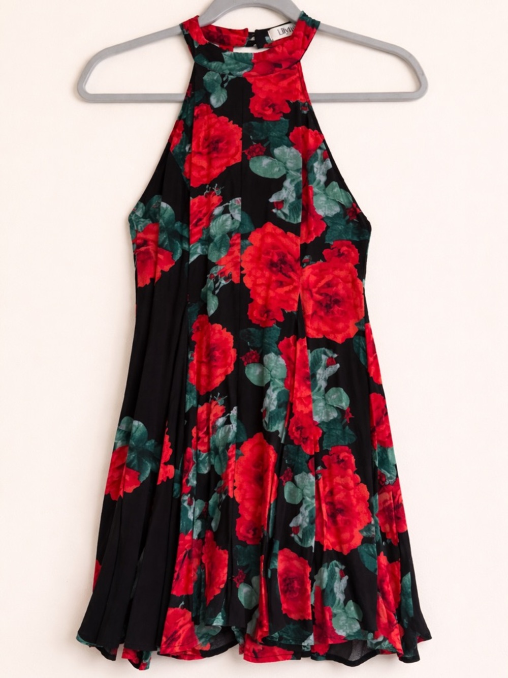 Lilyful Floral Halter Dress Red Rose Print Black Flowy Sleeveless Size S